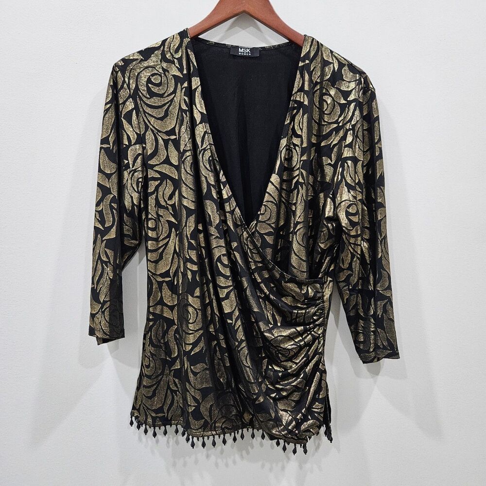MSK Womens Metallic Wrap Top Sze 1X Black Gold Embellished Festive Romantic Goth